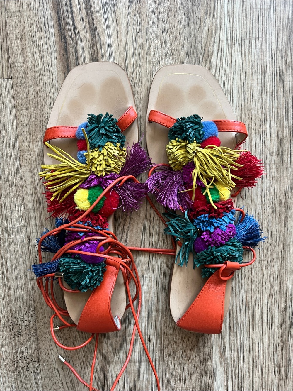 Zara Orange Pom-Pom Lace-Up Sandals Size 41 or 10 (US) - Picture 1 of 8
